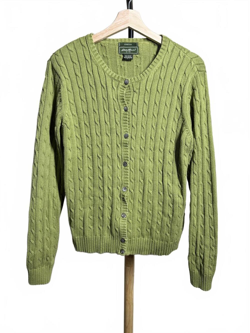 Eddie Bauer Green Cable Knit Cardigan Sweater